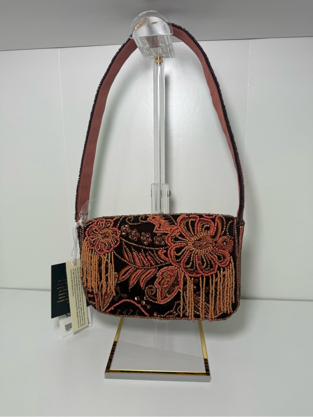 Embroidered Beaded Floral Shoulder Bag - Black & Coral